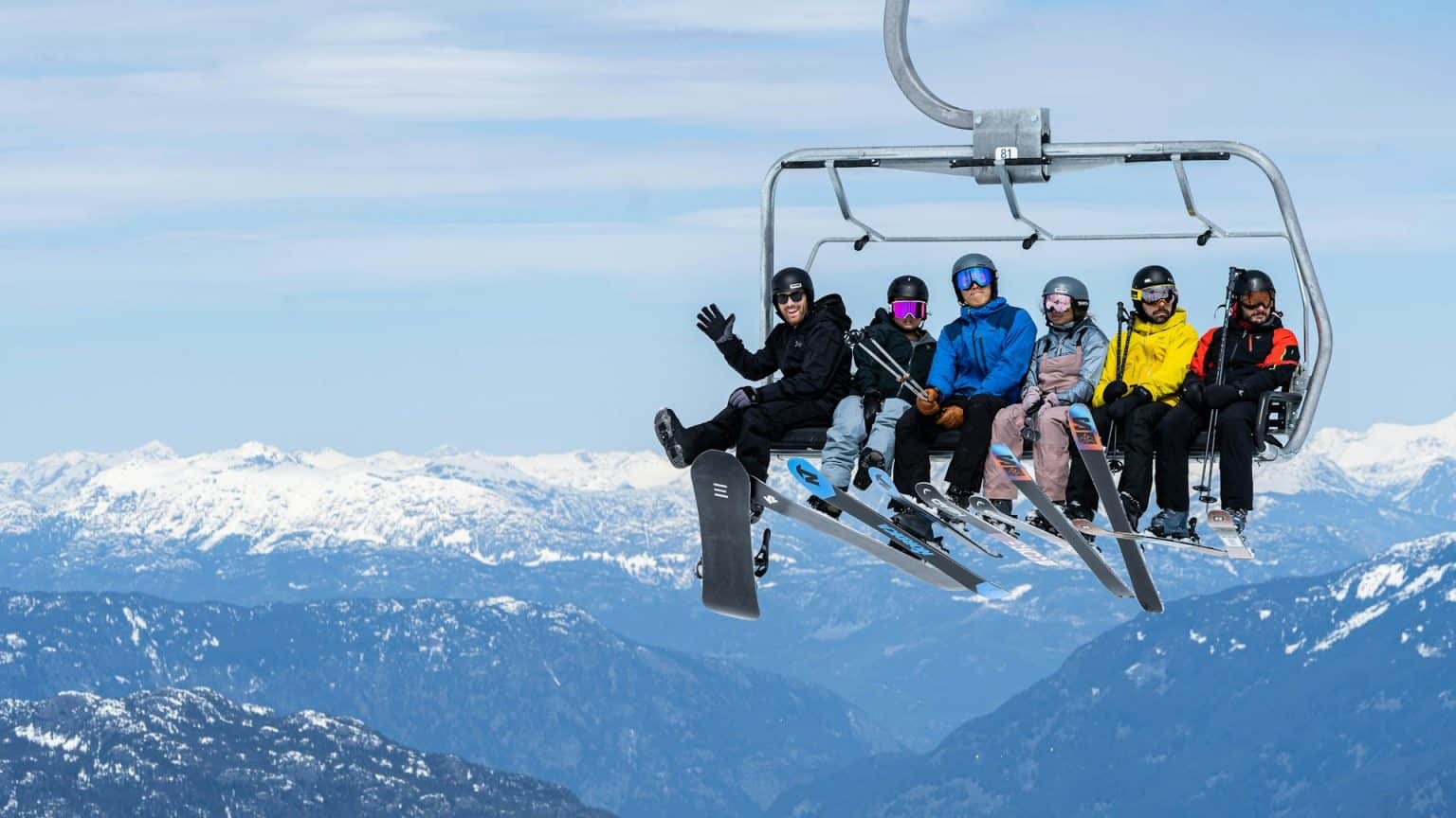 Birthday ski trip friends on ski lift