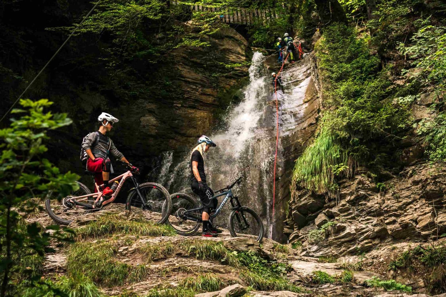 Morzine Nyon waterfall, and mountain bikers